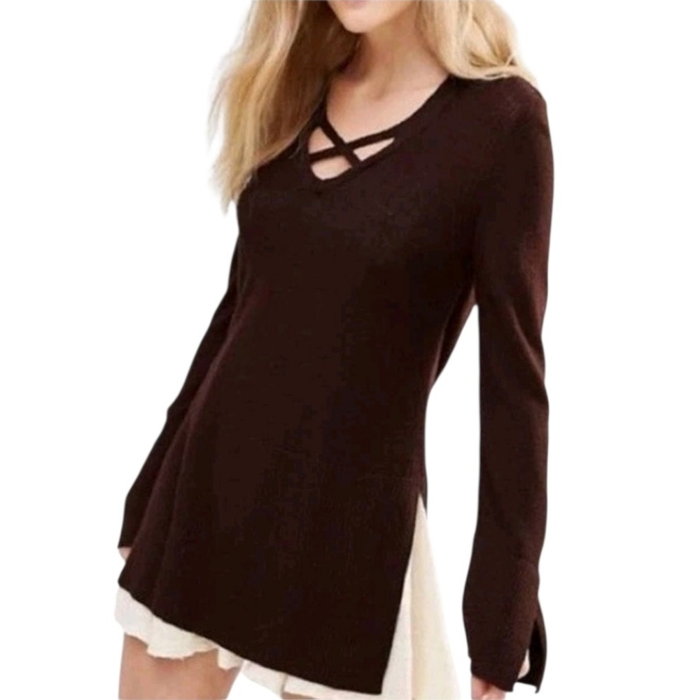 Free People Sweater Burgandy Criss Cross Split Hem Bell Sleeve Boho Tunic